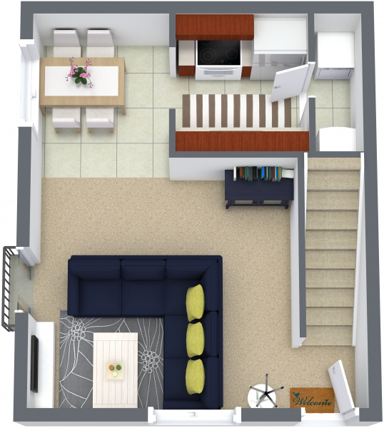 Floor plan for 2 beds, 1.5 baths, 940 sqft